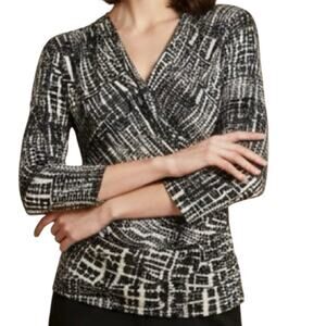 MaxMara Made in Italy Draped Faux Wrap Black White Abstract Blouse XL Max Mara